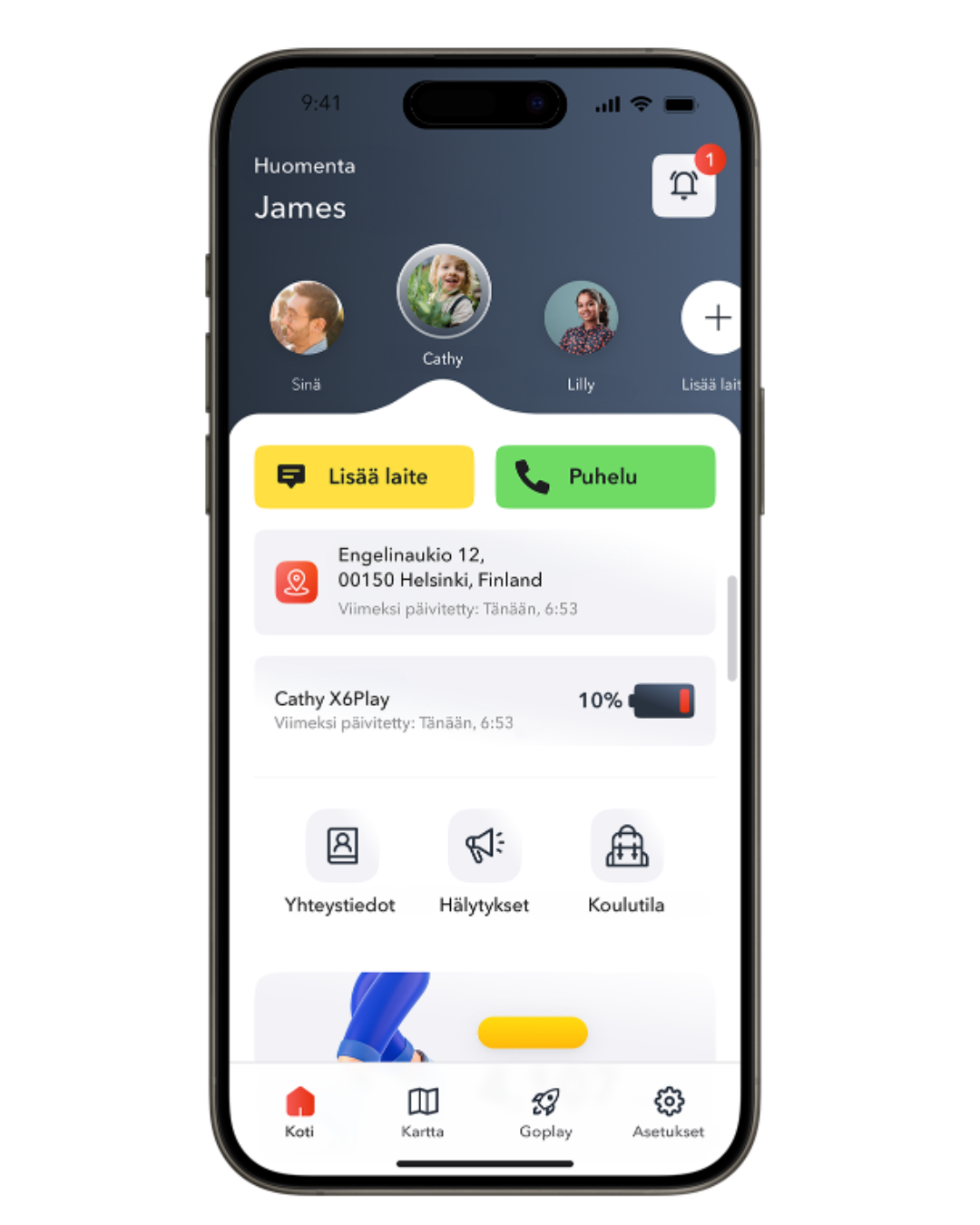 Xplora Guardian -sovelluksen etusivu – hallitse lasten kellopuhelinta ja yhteystietoja