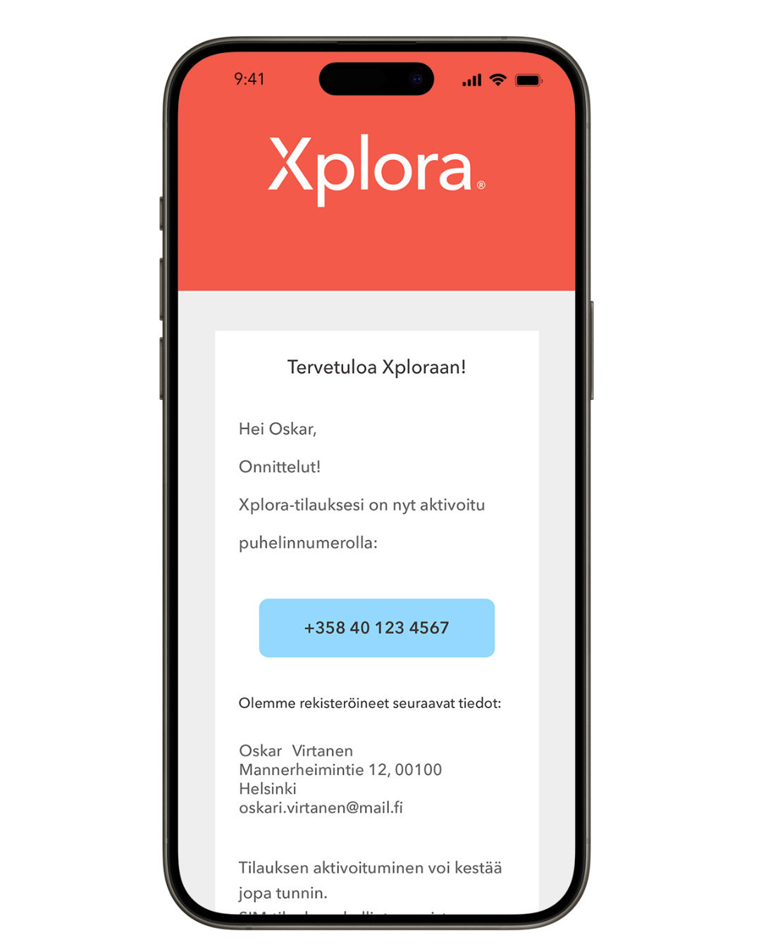 Xplora sähköposti-ilmoitus tilauksen aktivoinnista – kellopuhelimen liittymä vahvistettu