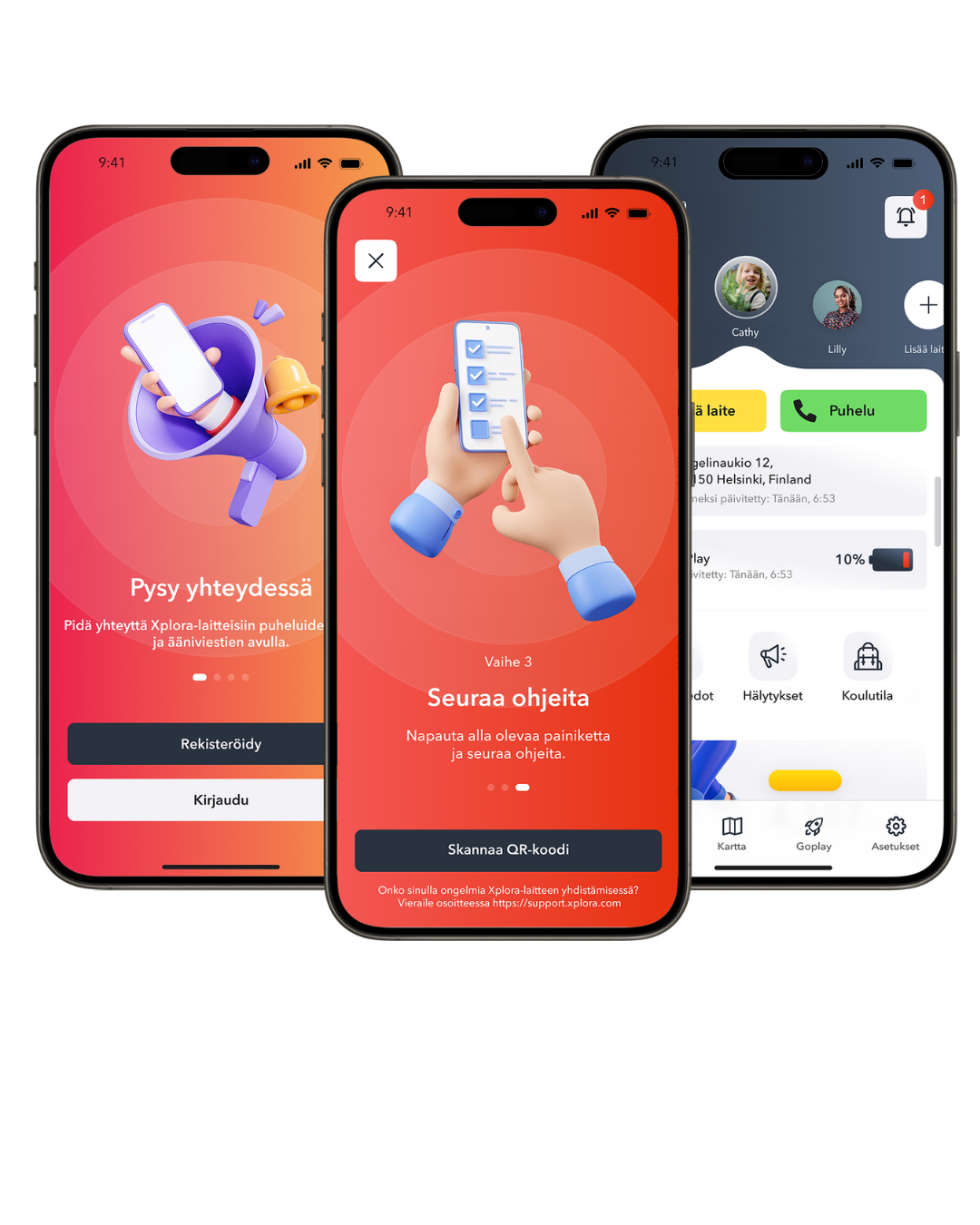 Xplora Guardian -sovelluksen aktivointinäkymät – ohjeet ja yhteydenpito kellopuhelimeen