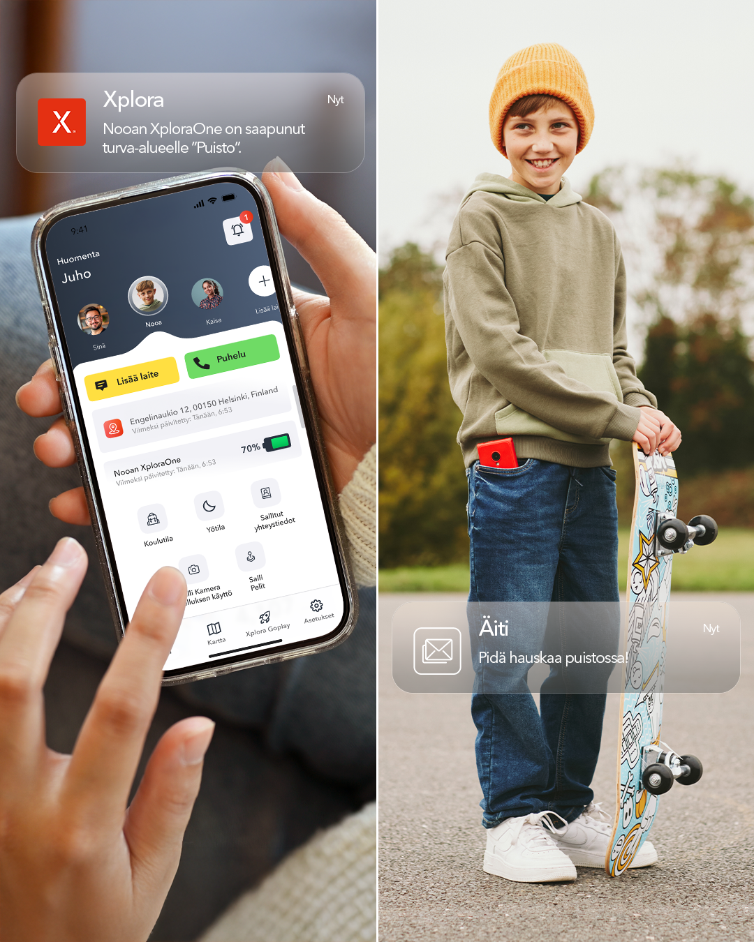 Käsi pitelee puhelinta, jossa näkyy Xplora Guardian -sovellus ja turva-alueilmoitus; vieressä hymyilevä lapsi skeittilaudan kanssa, punainen puhelin taskussa.